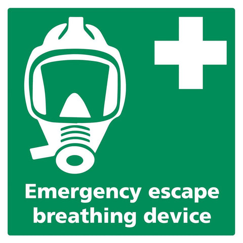 STICKER VLUCHTMASKER MET TEKST EMERGENCY ESCAPE BREATHING DEVICE (ENGELS) 15 X 15 CM