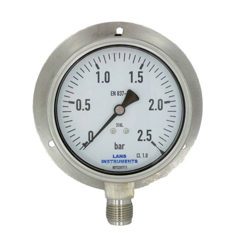 BUISVEERMANOMETER RVS, KAST Ø 100 MM, GEVULD, ONDERAANSLUITING MET ACHTERFLENS
