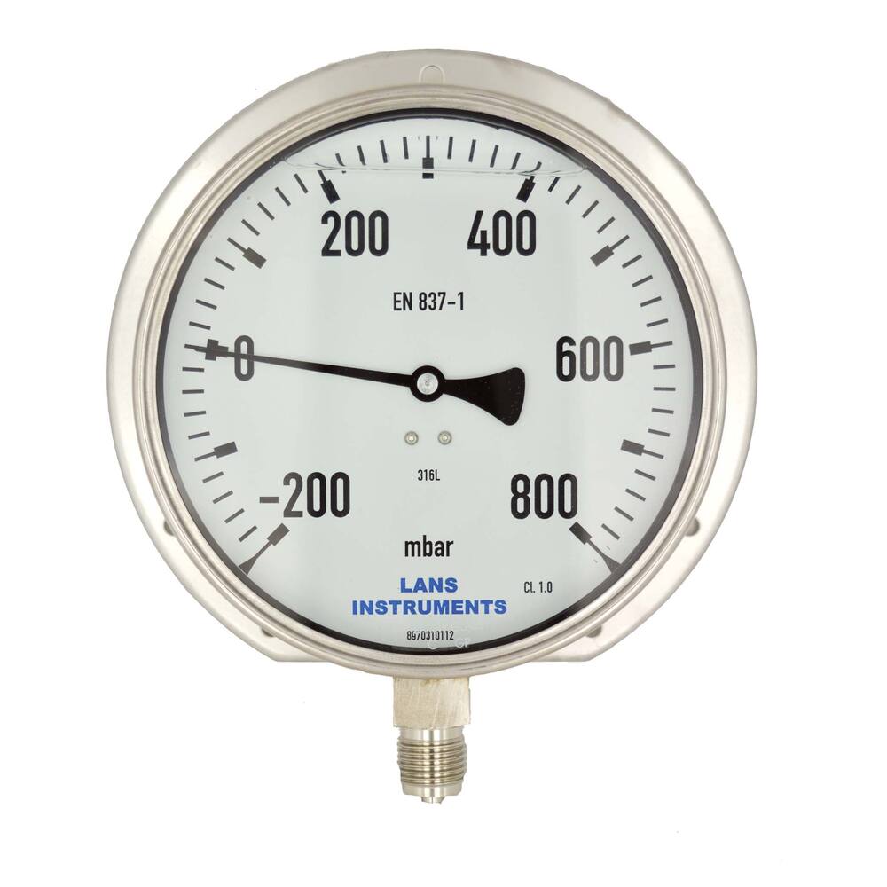 BUISVEERMANOMETER RVS, KAST Ø 160 MM, GEVULD, ONDERAANSLUITING MET ACHTERFLENS