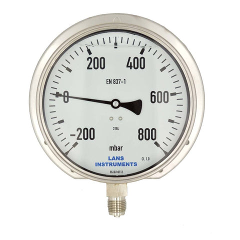 BUISVEERMANOMETER RVS, KAST Ø 160 MM, GEVULD, ONDERAANSLUITING MET ACHTERFLENS