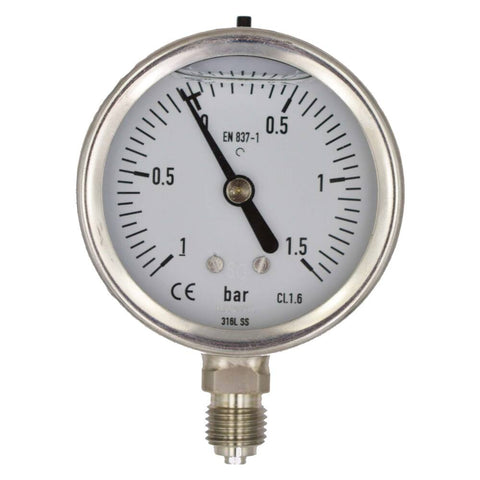 BUISVEERMANOMETER RVS, KAST Ø 63 MM, GEVULD, ONDERAANSLUITING