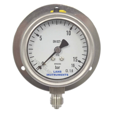 BUISVEERMANOMETER RVS, KAST Ø 63 MM, DROOG, ONDERAANSLUITING MET ACHTERFLENS