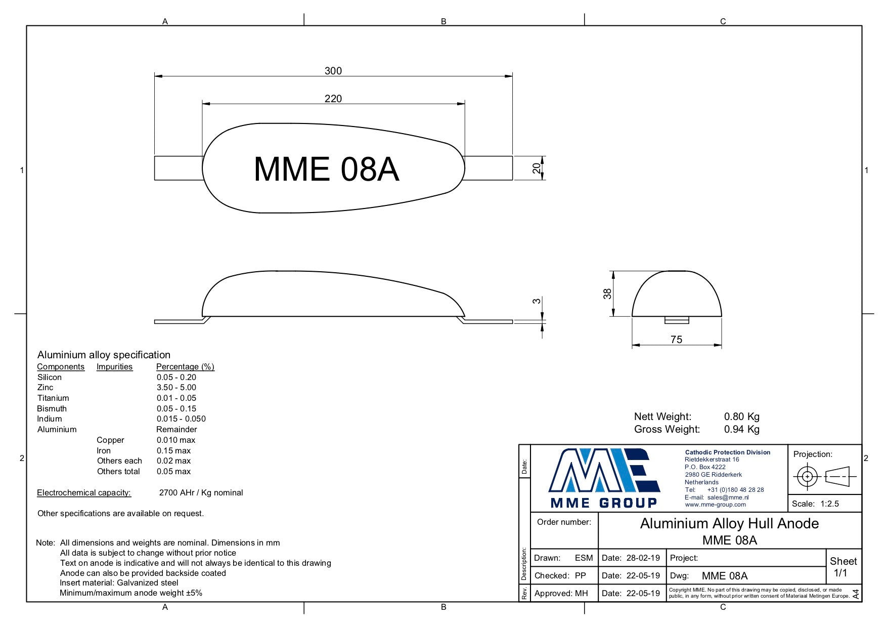 Aluminium anode met lasstrip Zoetwater 