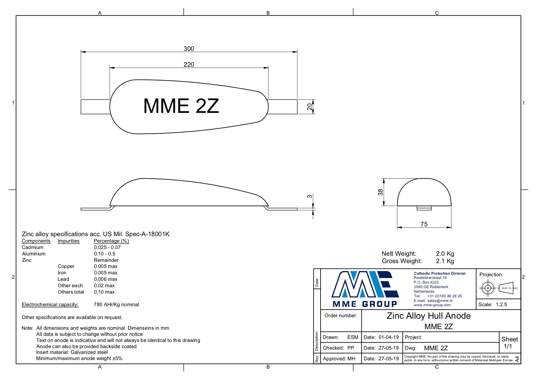 Zinkanode met lasstrip Zoutwater
