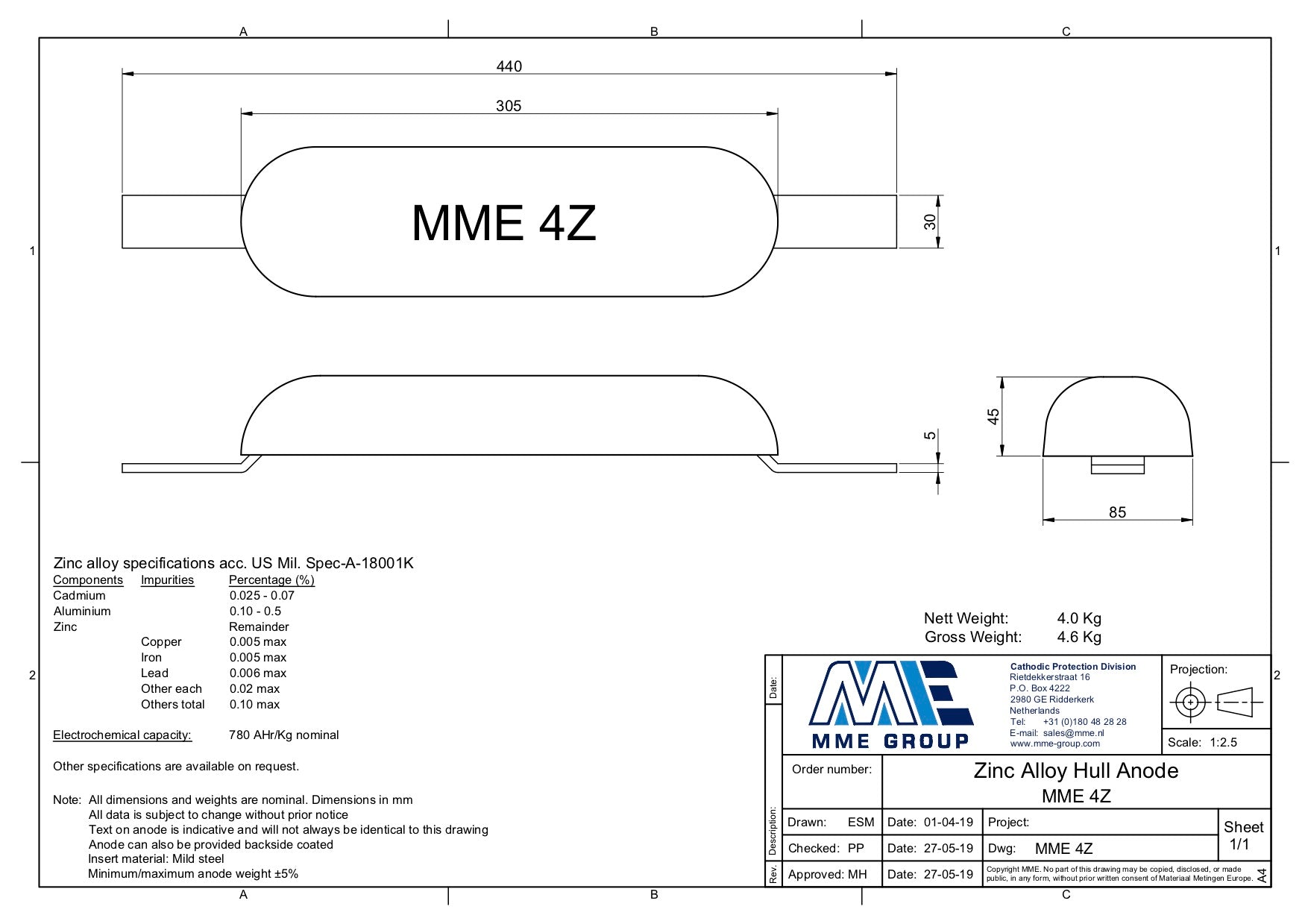 Zinkanode met lasstrip Zoutwater